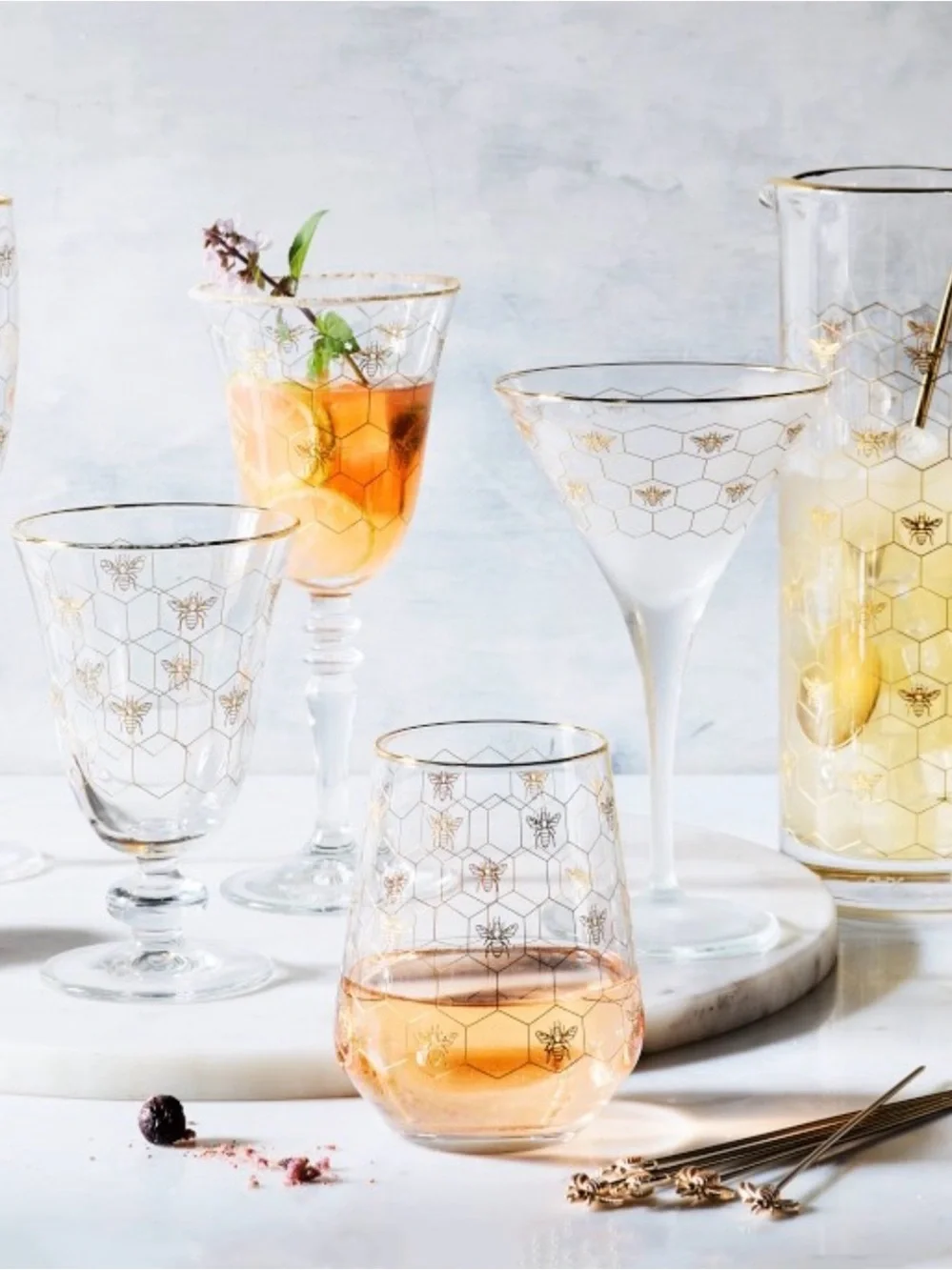 Williams Sonoma Marble & Brass Bee Cocktail Picks with White Holder